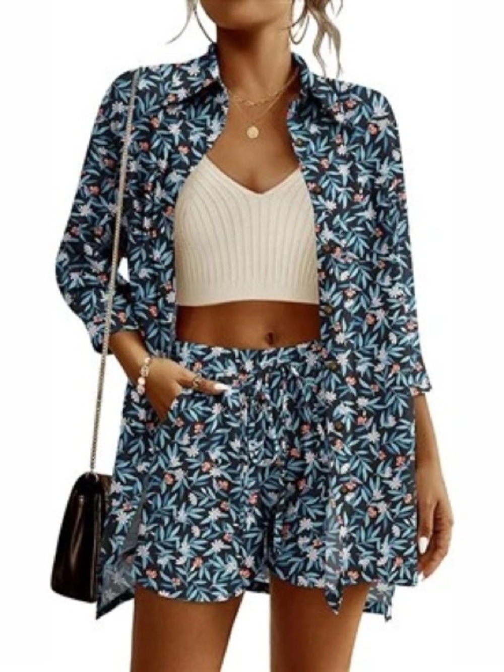 Women’s Button-Down Floral Shirt and Shorts Set in Navy Blue Floral